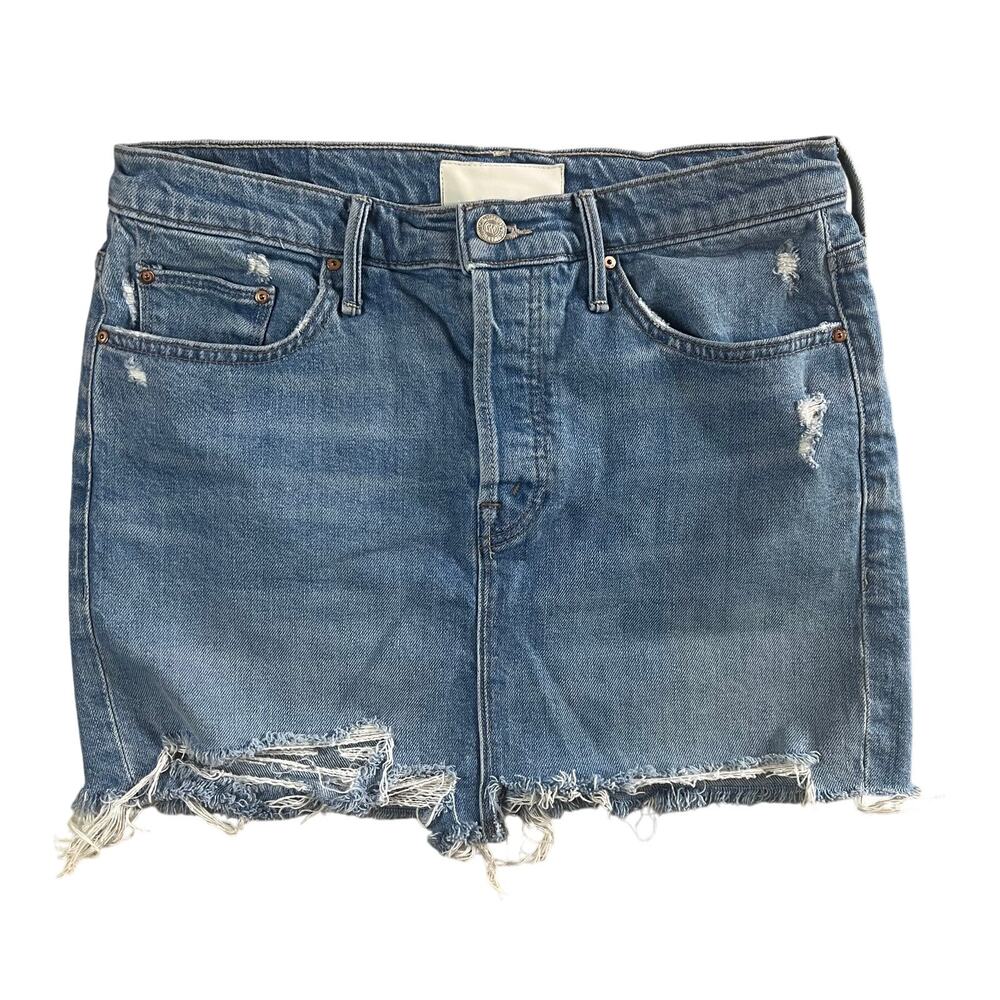 MOTHER Distressed Light Blue Denim Mini Skirt